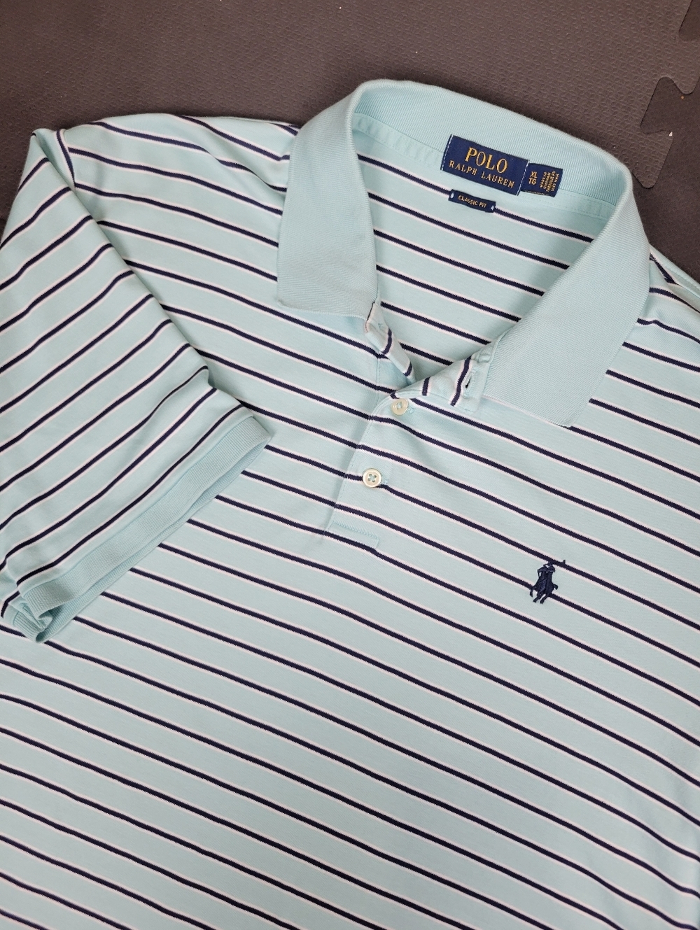 Ralph Lauren Polo Short Sleeve Shirt Mens XL Striped Blue Logo Classic Fit
